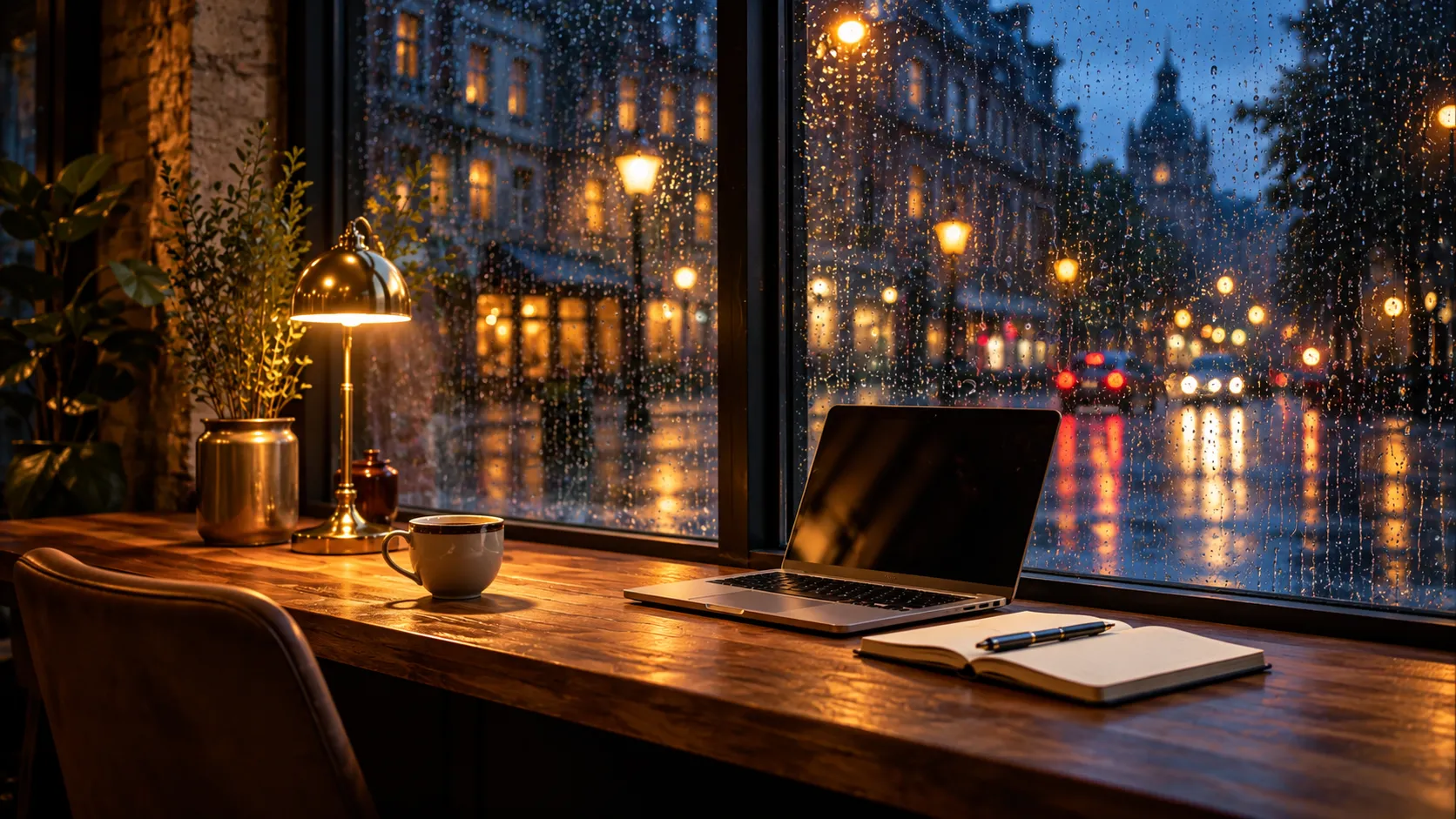 A warm café desk by a rain-covered window with a glowing lamp, coffee cup, laptop, and notebook overlooking a rainy city street at dusk.
