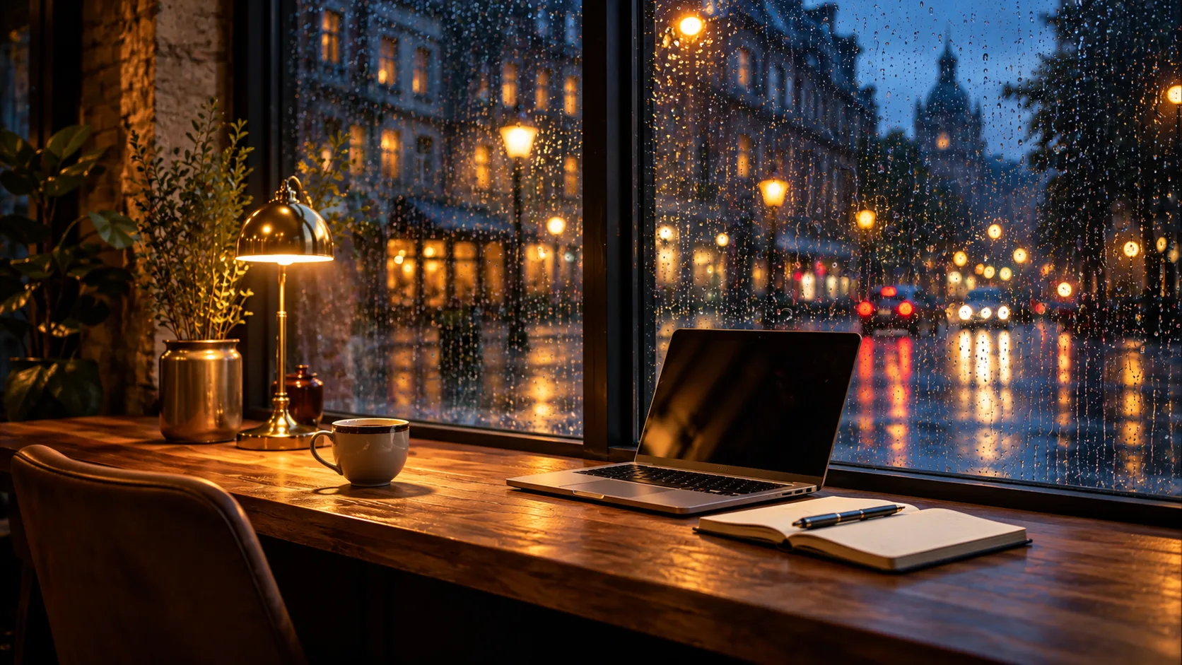 A warm café desk by a rain-covered window with a glowing lamp, coffee cup, laptop, and notebook overlooking a rainy city street at dusk.