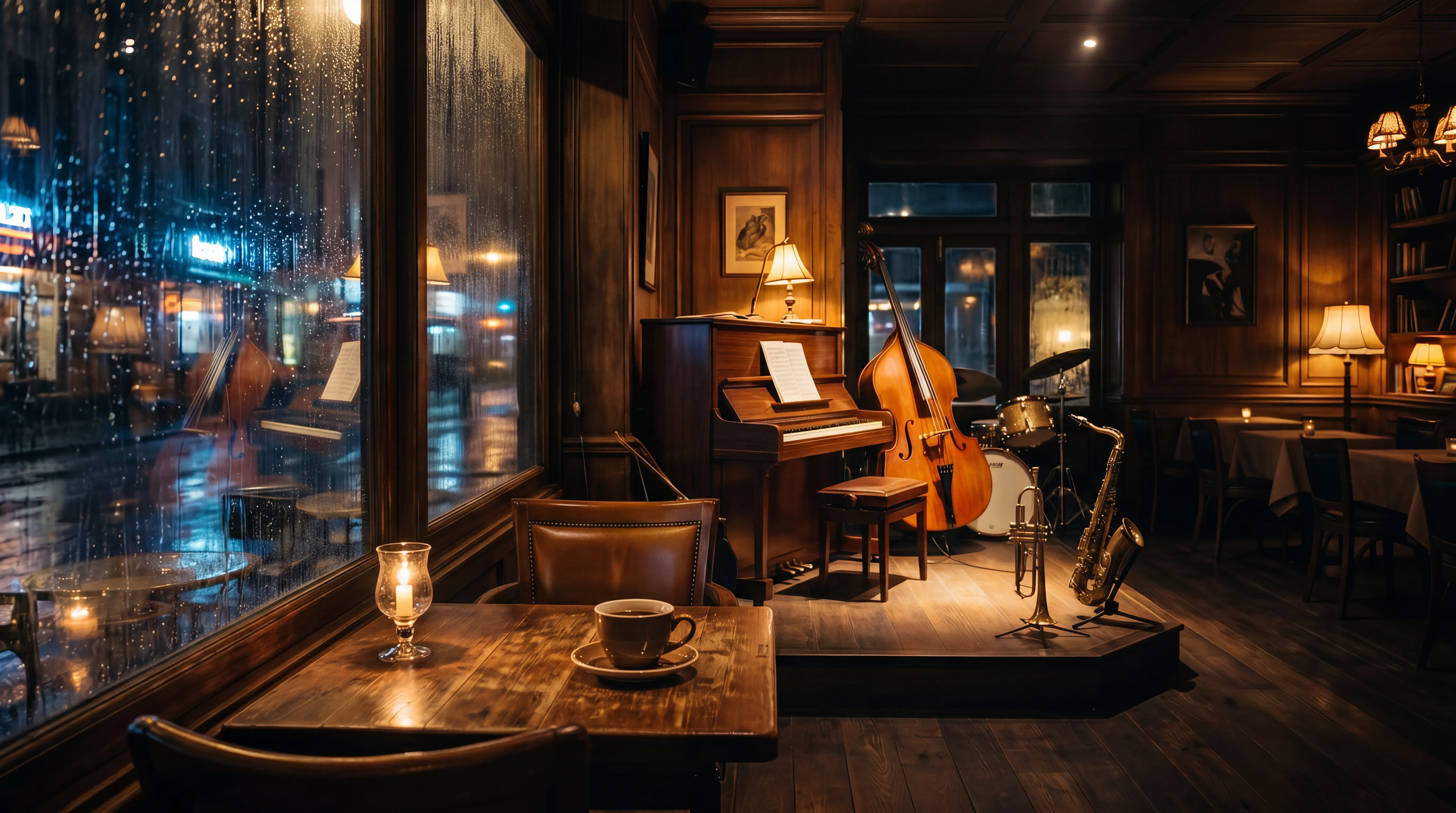 A cozy night café interior with candlelit tables, a rainy window, and a small jazz stage with piano, double bass, drums, and saxophone.