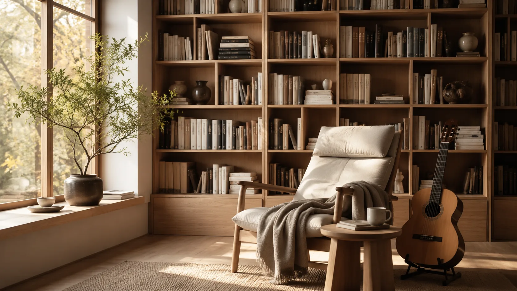 A peaceful reading corner with tall wooden bookshelves, a cushioned chair, a small table, and an acoustic guitar in soft natural daylight.