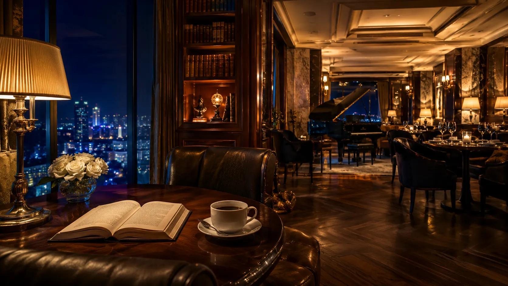 An elegant luxury lounge with city skyline views, warm table lighting, a book and coffee on a round table, and a grand piano in the background.