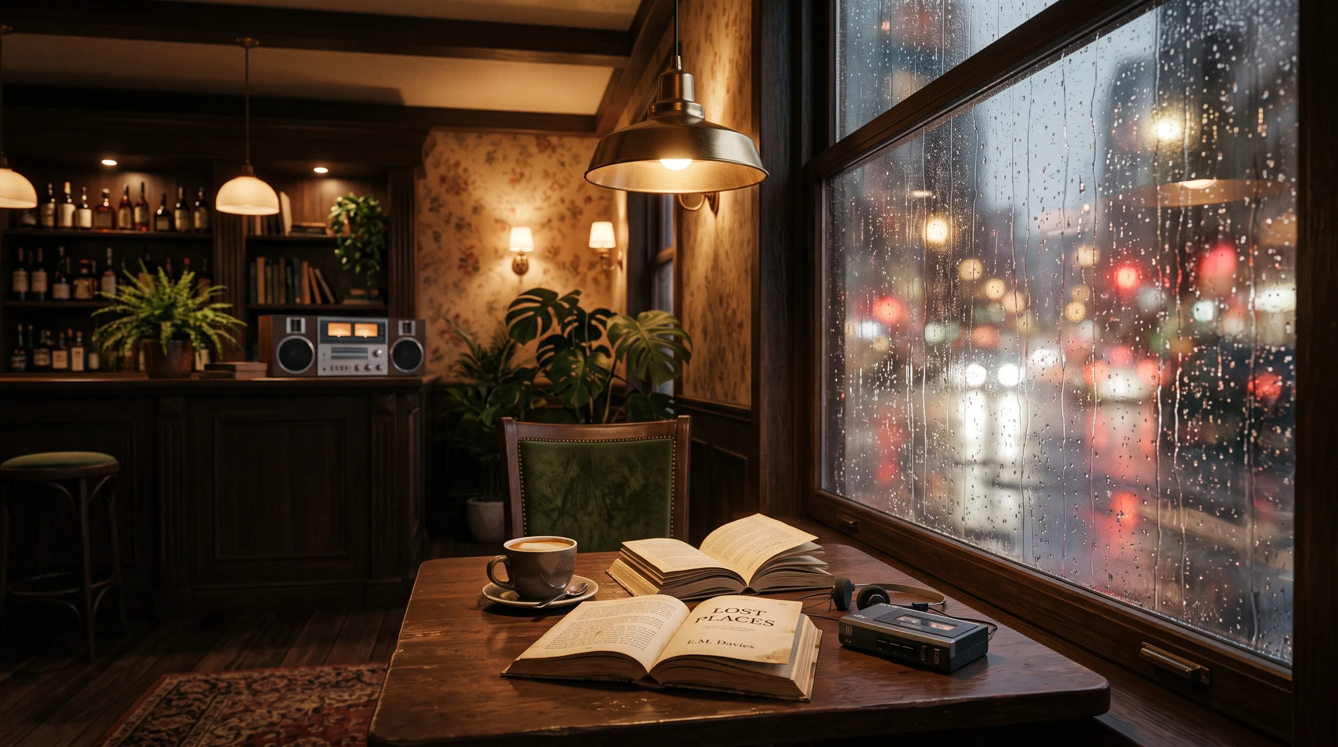 A retro-style café corner with rain-streaked windows, warm hanging lights, coffee, open books, and a cassette player creating a nostalgic late-night mood.