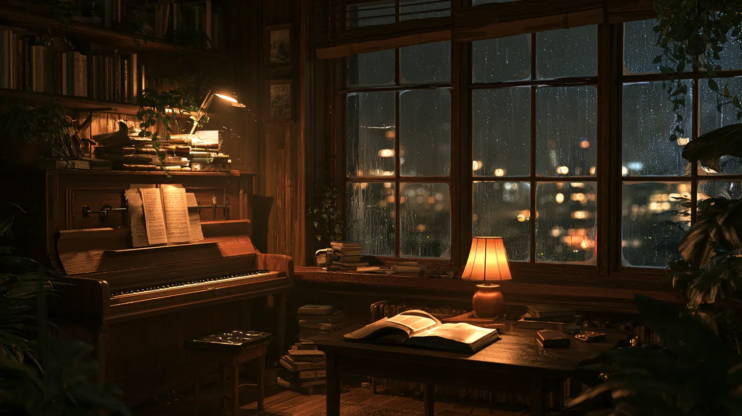 A warm midnight piano room with an upright piano, rain-dark windows, stacked books, a glowing table lamp, and an open book on a wooden table.