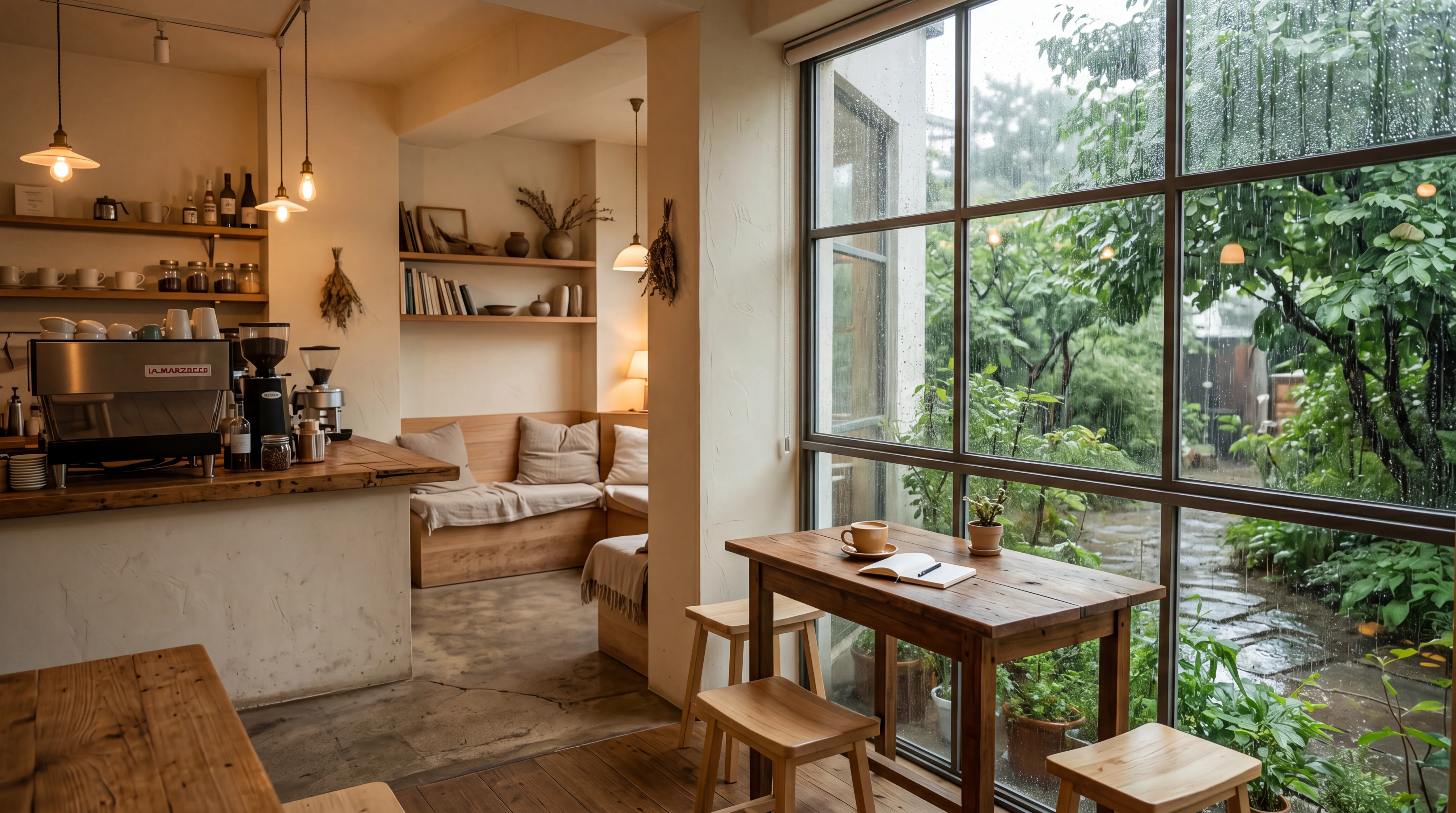 A bright modern coffee shop with a large rain-covered window, lush greenery outside, wooden tables, soft pendant lights, and a quiet café workspace.
