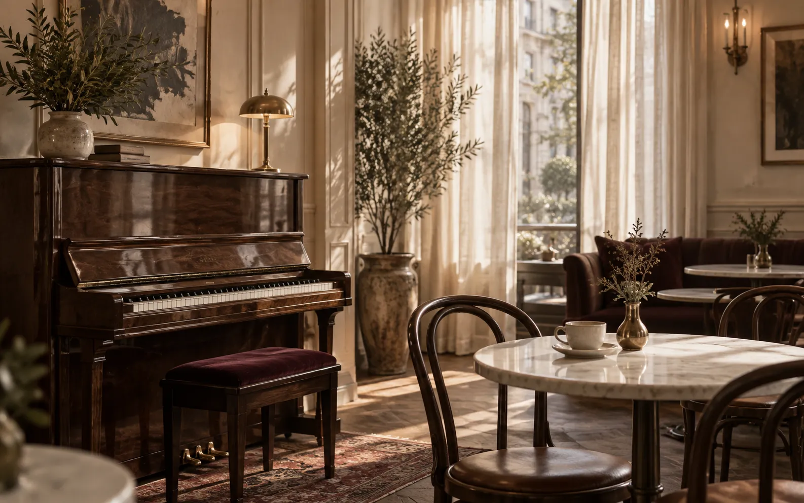 A sunlit café interior with a walnut upright piano