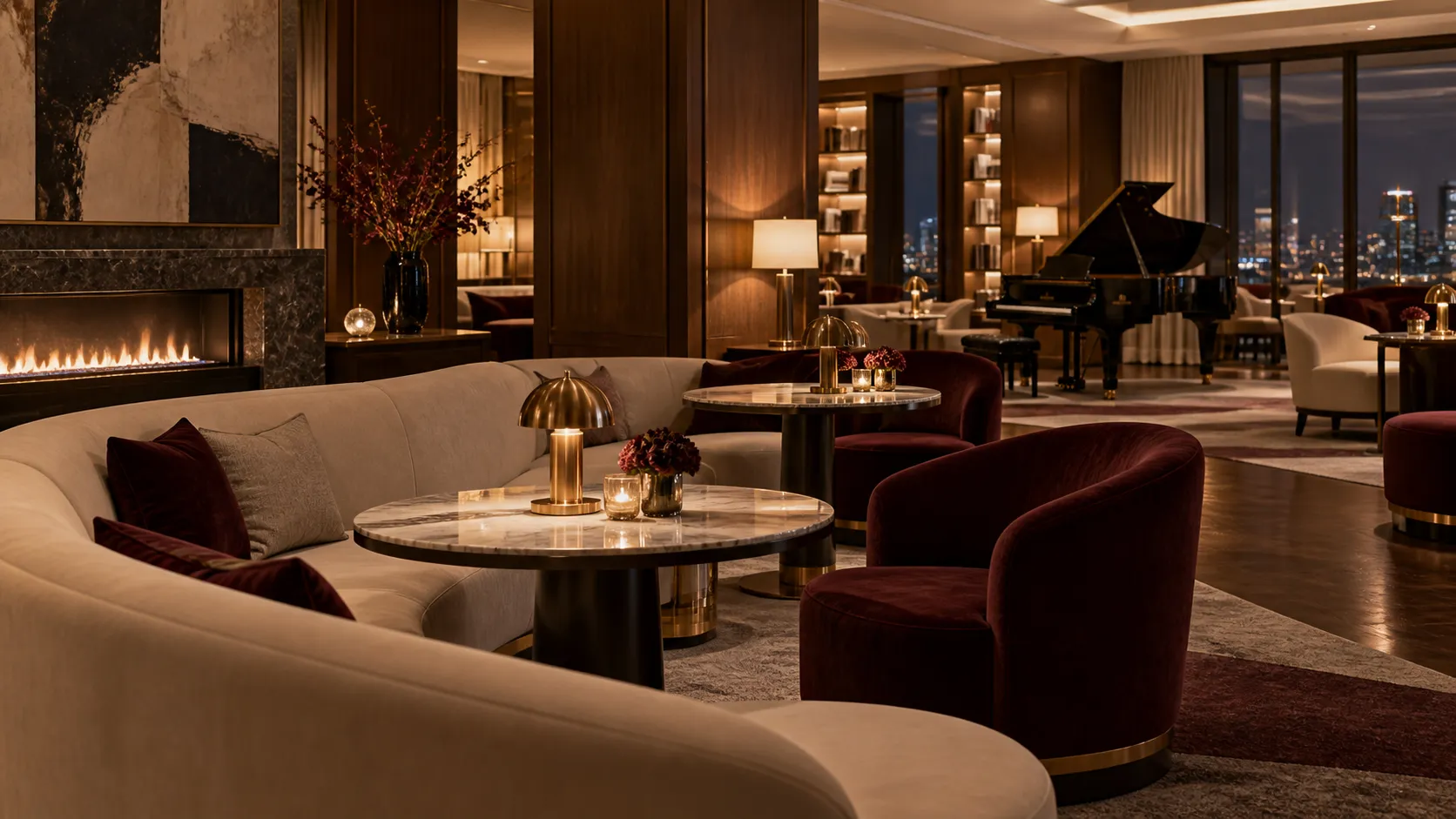 An intimate luxury hotel lounge with a grand piano