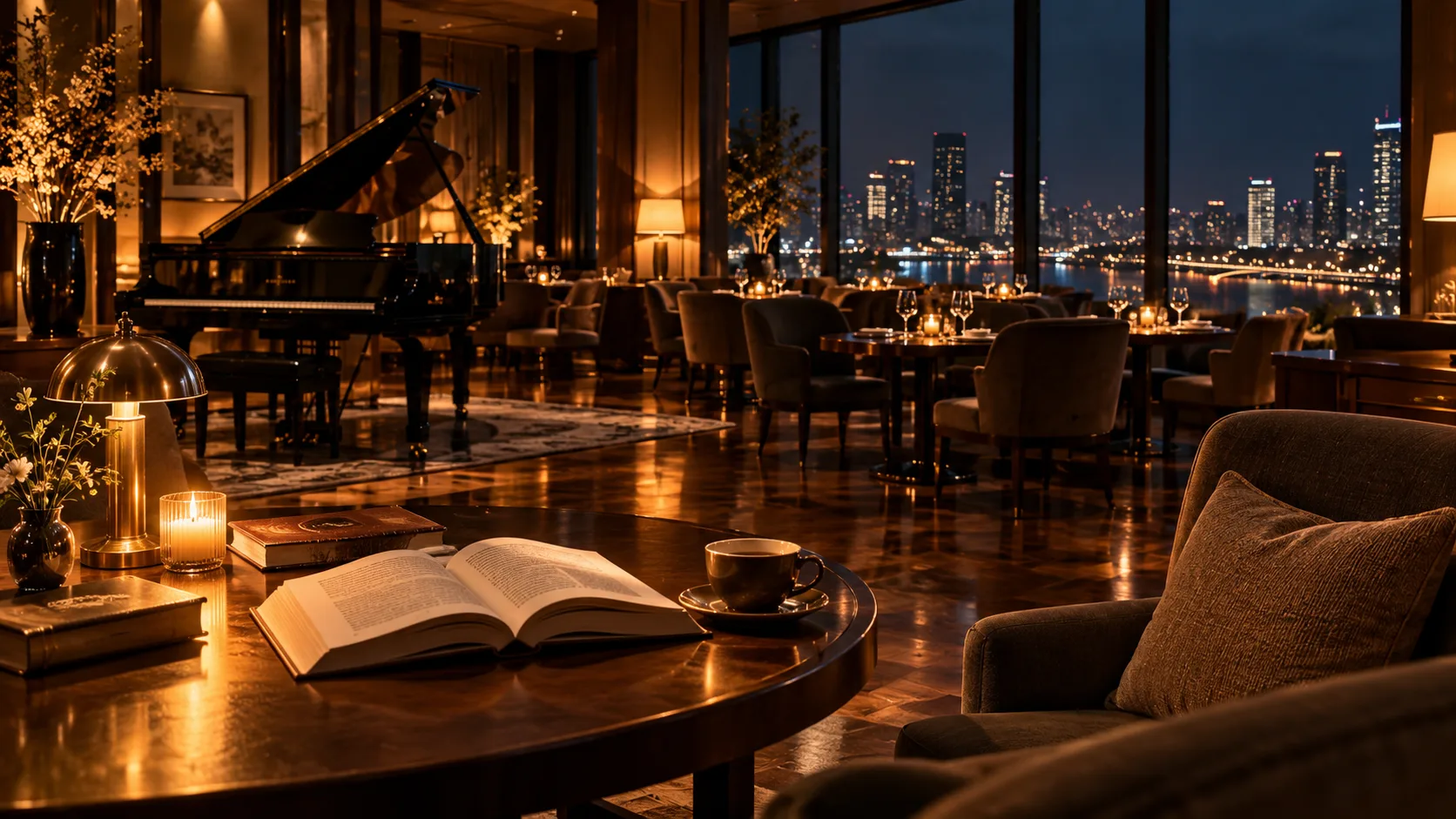 An elegant hotel lounge at night with a grand piano, warm table lighting, refined seating, and a city skyline view.
