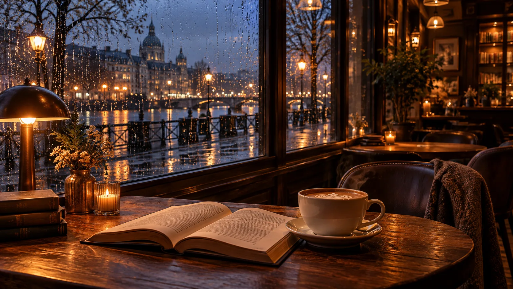 A cozy café table with an open book and coffee beside a rain-covered window overlooking warm city lights.
