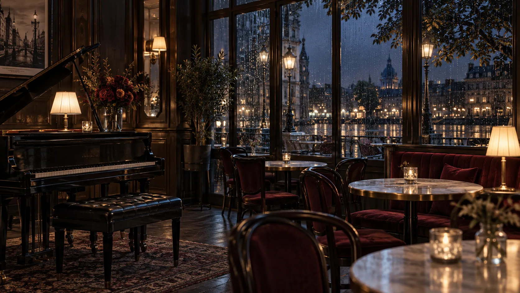 Rain beyond the windows of a refined piano café